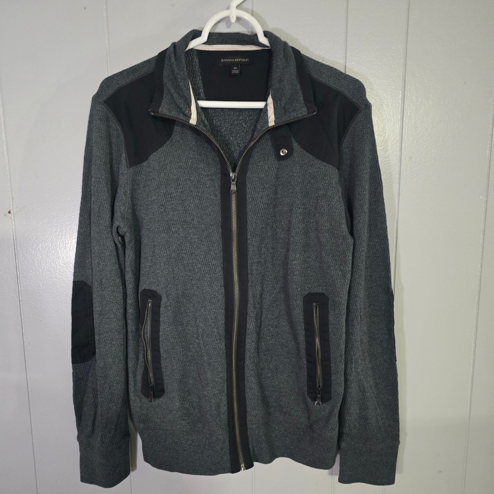 Banana Republic Mens Medium Gray Full Zip Mixed Media Knit Jacket Elbow Patches‎